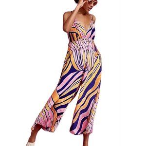 Anthropologie Maeve Sleeveless Cropped Wide Leg Pink Pattern Jumpsuit Size 4